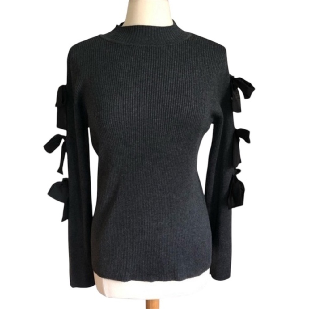 INC dark charcoal gray ribbed mock turtle neck sweater w/black bows on side arms